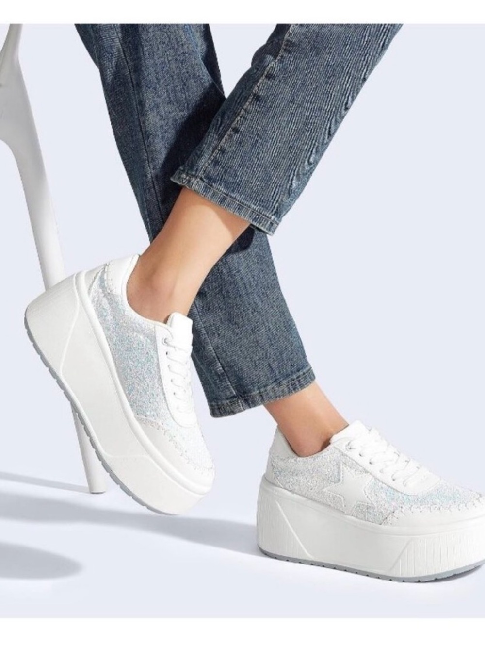Lucky Steps Vegan White Platform Glitter Star Women's Sneakers New